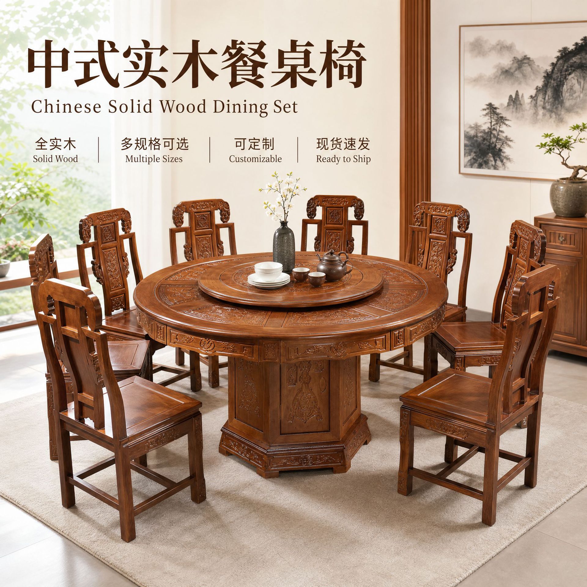 中式加厚实木圆餐桌榫卯雕花带转盘桌椅套装跨境工厂直营现货批发图片