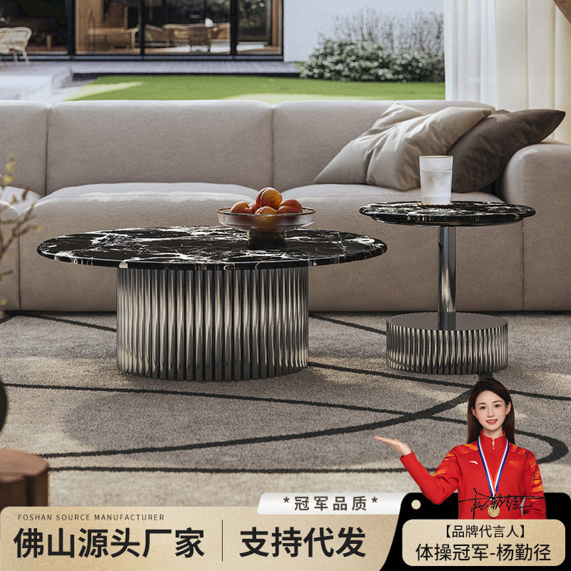 进口大理石茶几天然奢石2025新款设计师高端家用客厅大小圆茶几图片