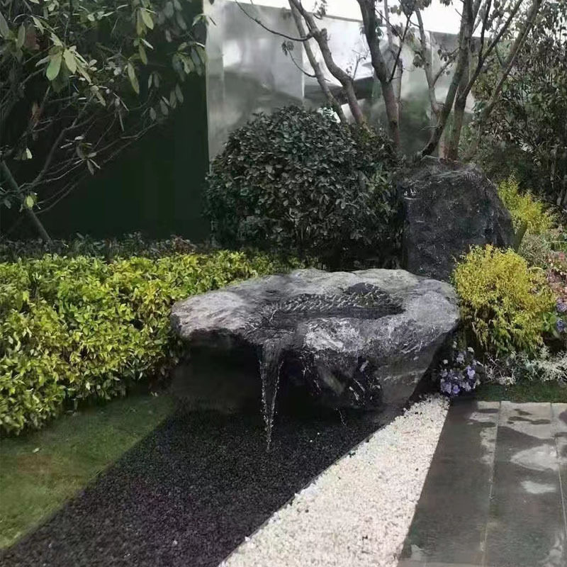 天然石雕黑山石水钵庭院流水景观日式喷泉造景石盆户外园林流水池