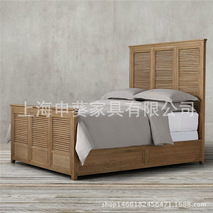 美式乡村实木床橡木做旧双人床法式复古百叶床简约风格酒店家具
