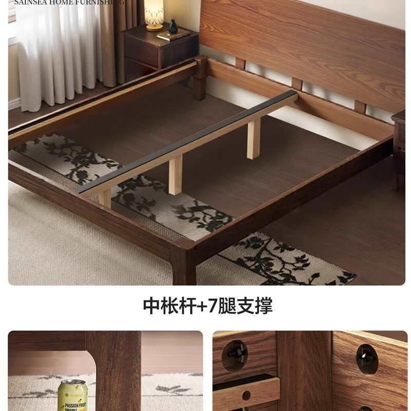 全实木中古风1米8乘2米大床2025新款榫卯结构双人床180x200带床垫图片