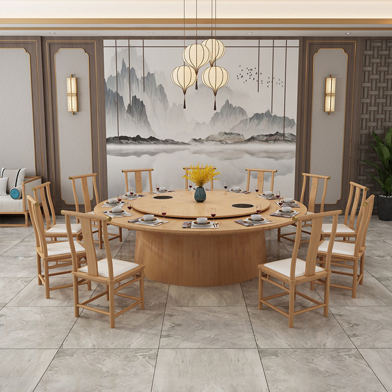 酒店商用圆形实木电动餐桌火锅桌饭店会所中式电动实木大圆餐桌图片