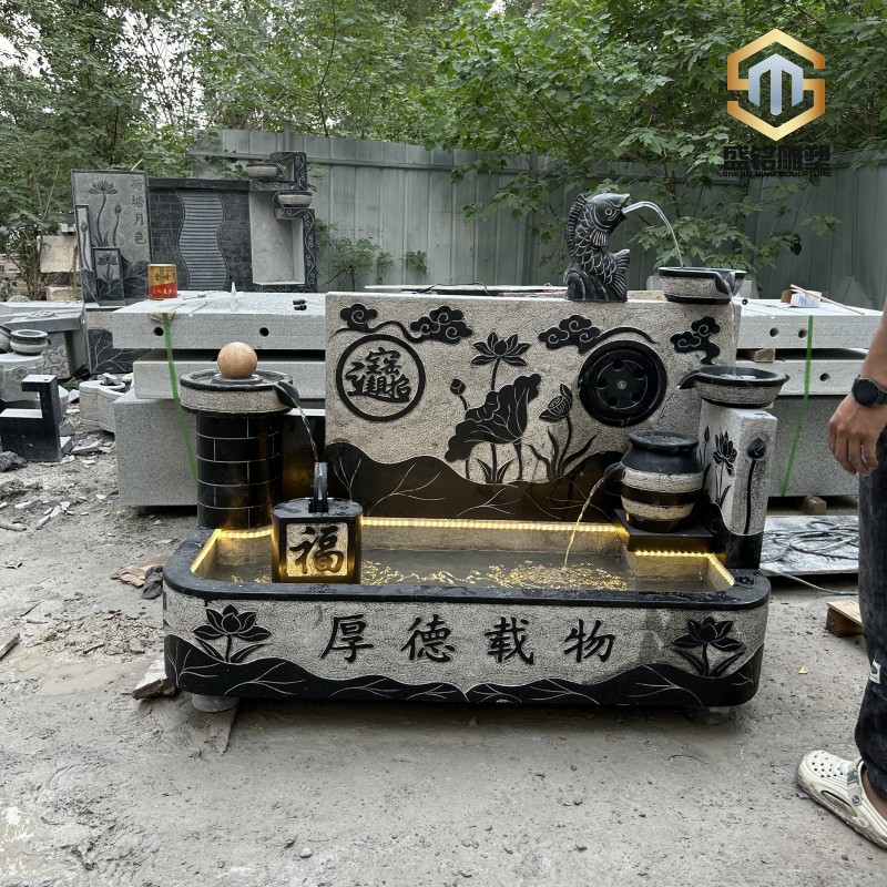 庭院流水石雕摆件青石流水鱼缸长盆高山流水厂家制作别墅庭院摆件图片