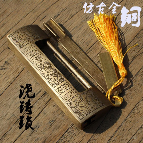 仿古黄铜挂锁中式柜门锁老式小号铜锁插销全铜横开挂锁头复古装饰