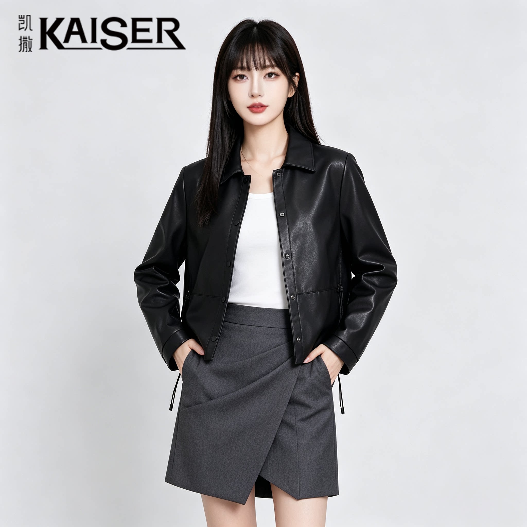 凯撒黑色翻领短款真皮皮衣女