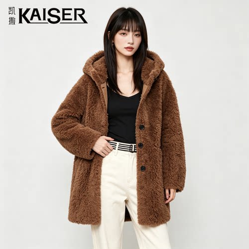 凯撒秋冬100%羊毛连帽女大衣女装