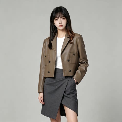 凯撒海宁双排扣真皮短款小西服
