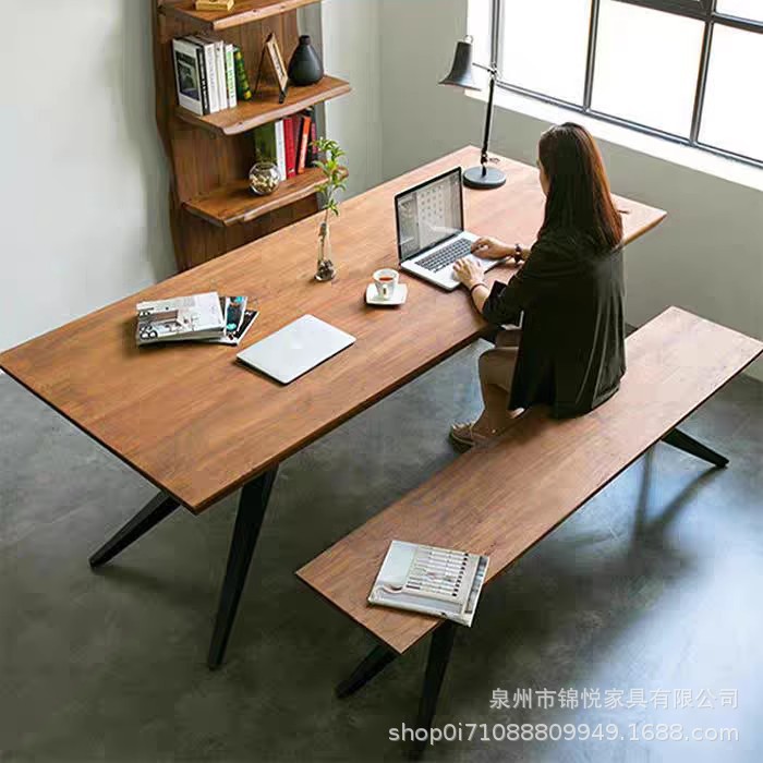 美式铁艺实木餐桌椅组合简约现代会议桌工业风工作台实木办公桌子图片