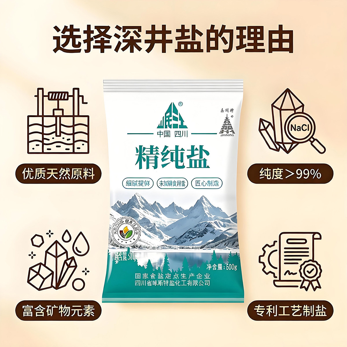 中国四川精纯盐500g大袋装未加碘食用盐细腻提鲜家用食盐厨房调料