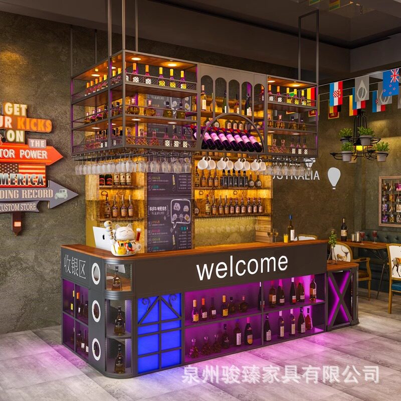 工业风吧台吊架餐厅铁艺酒架置物架酒柜壁挂清吧酒杯酒吧悬挂吊柜图片