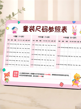 童装尺码参照表桌面摆件童装店选码参考立式展示牌店铺装饰