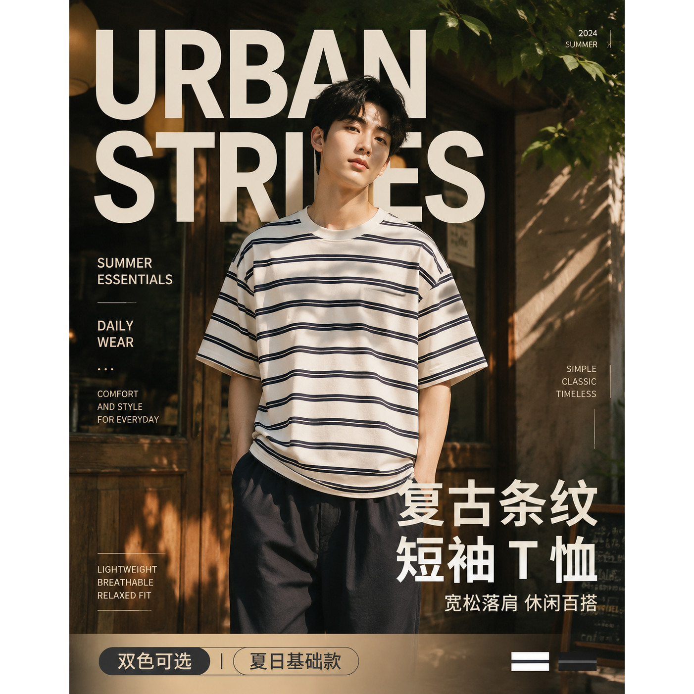 条纹短袖T恤宽松落肩圆领时尚复古撞色针织棉面料休闲百搭青少年