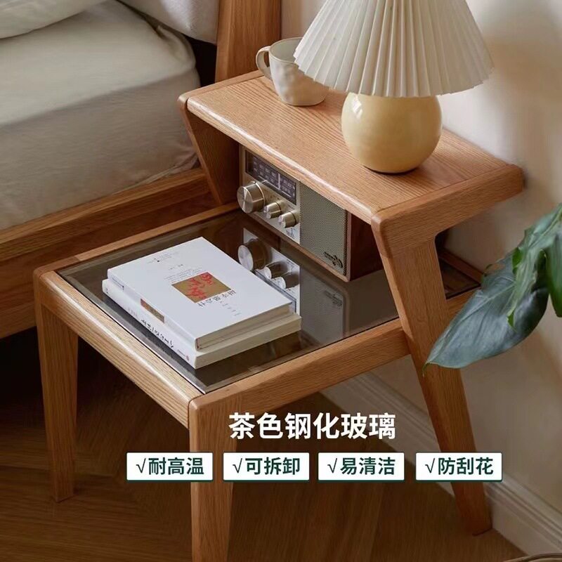 实木床头柜日式全橡木边几玻璃置物台现代简约小户型卧室床边柜新图片