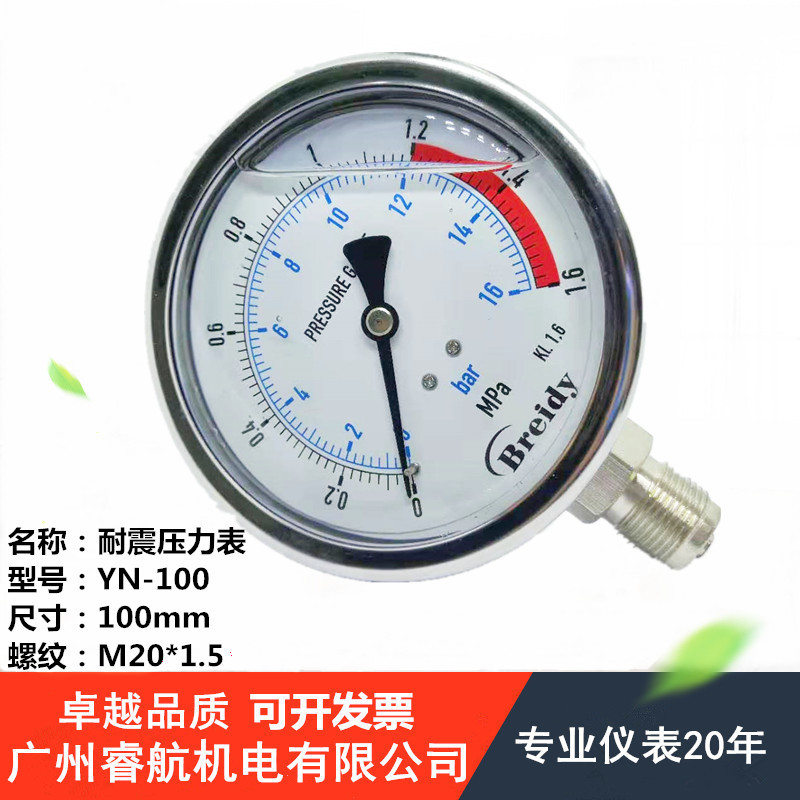 Breidy 耐震压力表YN-100 1.6MPA YTN-100 抗震压力表 油液压表图片
