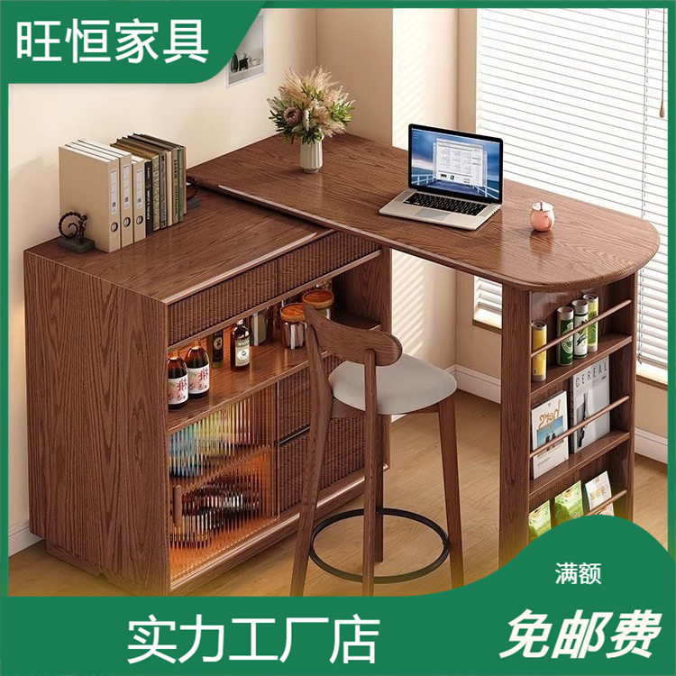 实木餐吧台桌子家用阳台休闲可伸缩小户型隔断柜窄岛台餐边柜一体图片