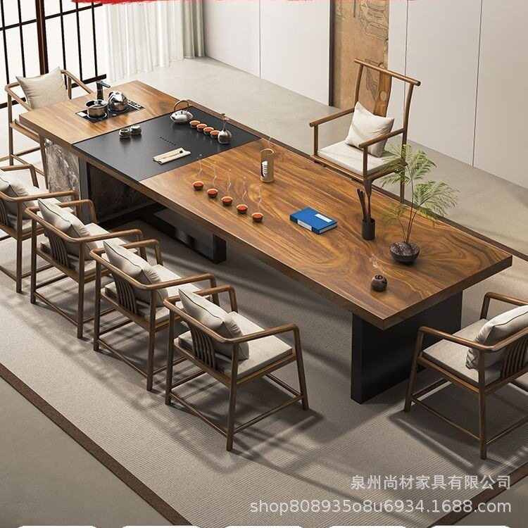 南美胡桃木大板茶桌椅组合新中式原木茶台一体办公室客厅泡茶桌子图片