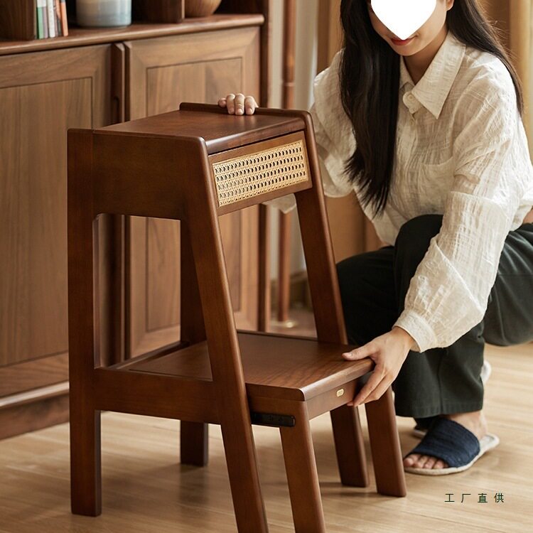 藤编折叠实木两步梯凳家用多功能两用登高稳步梯子阶梯凳图片