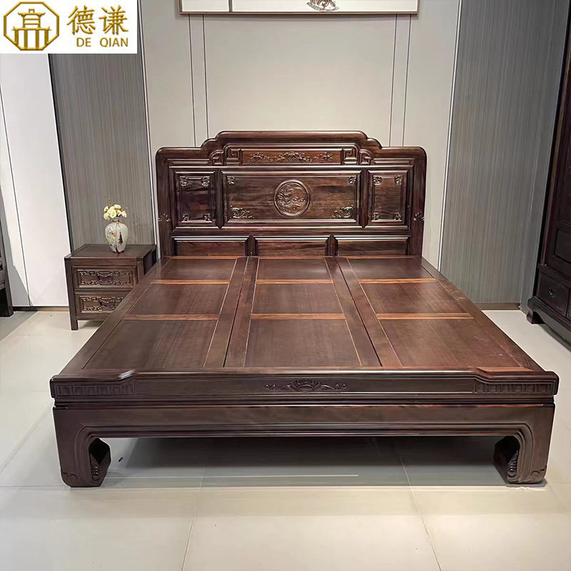 古典中式仿古紫檀木全实木床主卧家用储物抽屉全榫卯结构雕花大床图片