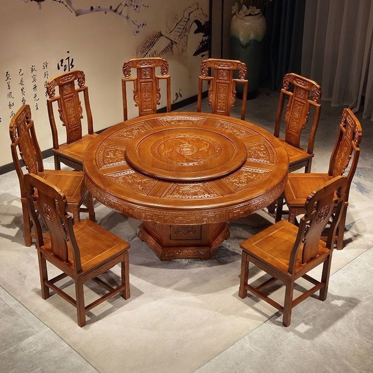 全实木餐桌椅组合古典中式仿古雕花餐桌家用圆形饭桌大圆桌带转盘