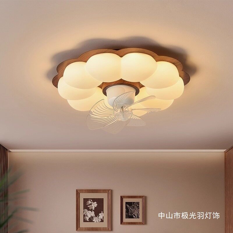 中古风主卧室风扇灯法式360度摇头语音儿童房胡桃木色一体吸顶灯图片