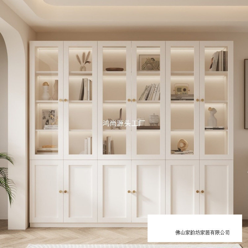 防尘白色书架家用柜子储物柜书柜实木法式展示柜客厅收纳柜玻璃门图片