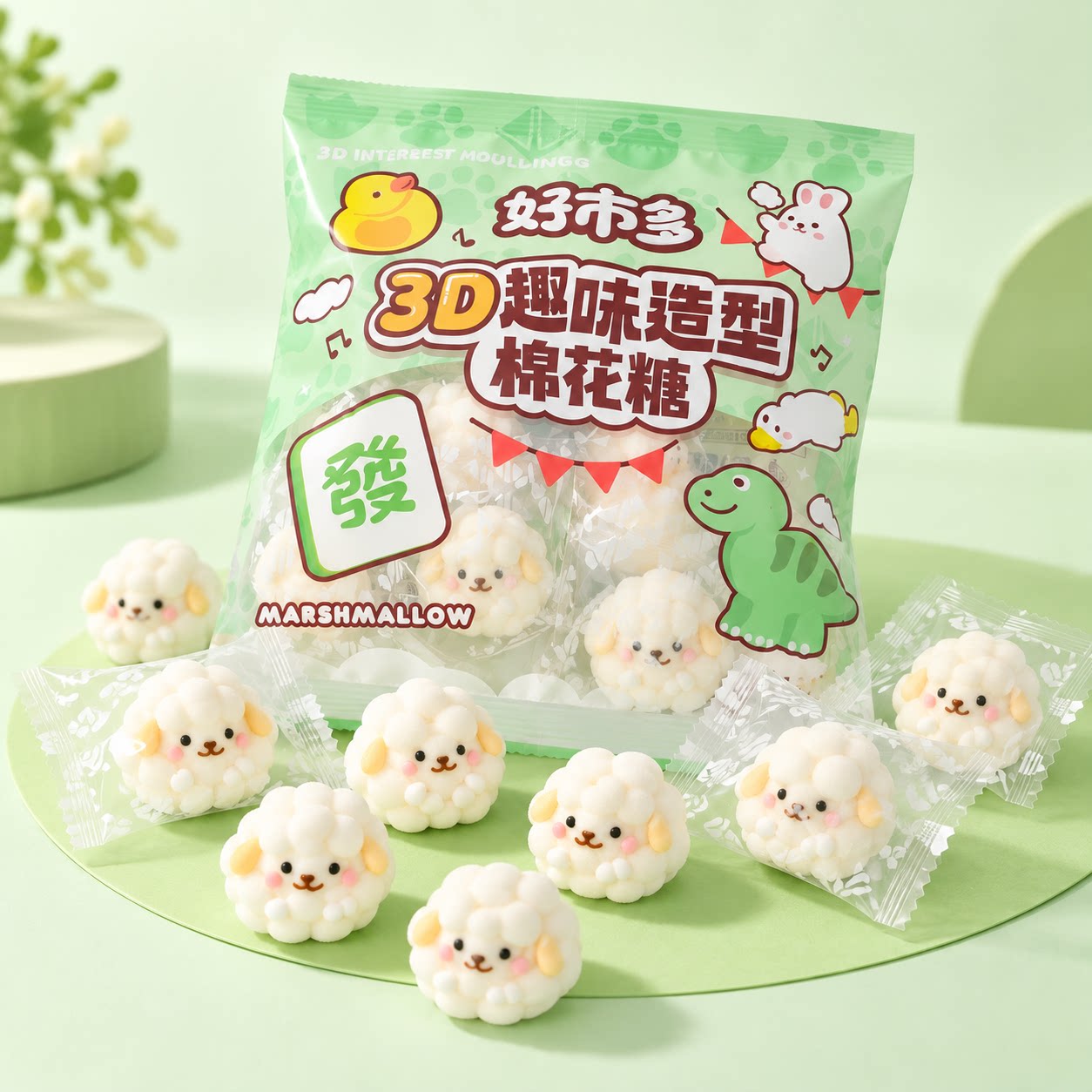 羊咩咩棉花糖可爱卡通趣味动物萌造型独立包炒酸奶茶蛋糕装饰糖果