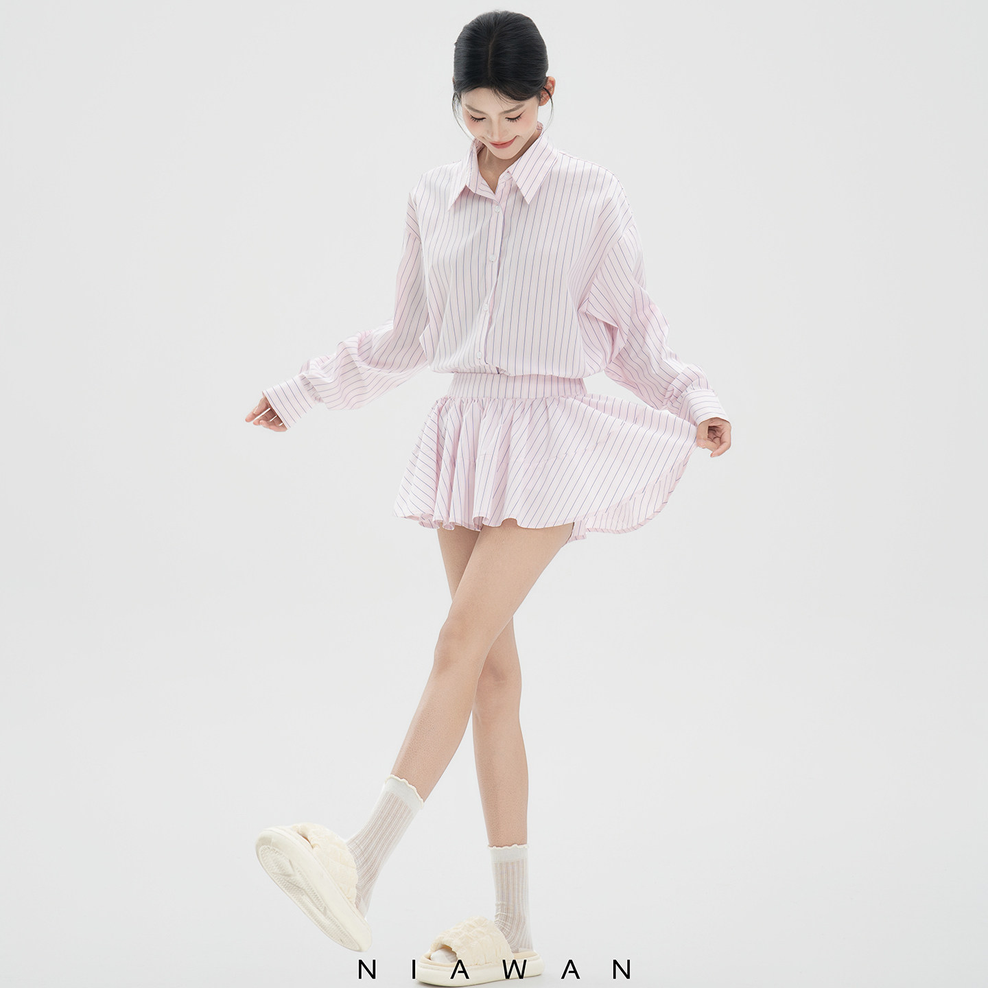 NIAW AN袅安【葡瓣失重体】蓬蓬短款条纹裙裤半身裙