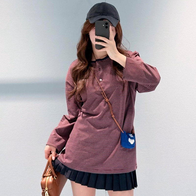 秋冬新款条纹宽松圆领长袖T恤女