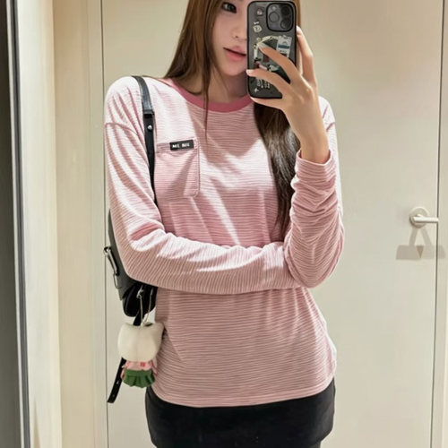 甜美条纹粉色长袖圆领T恤女装棉
