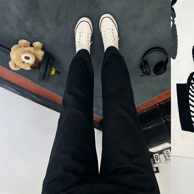 藏青色美式直筒卫裤男款秋季窄版微喇裤子cleanfit修身休闲运动裤