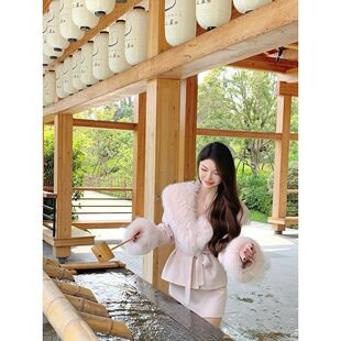 法式气质名媛风套装裙女秋冬新款系带大毛领呢子外套+半裙两件套