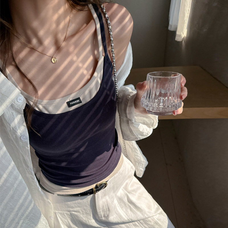 性感假两件小吊带春夏季拼接双肩带打底背心简约外穿修身短款上衣