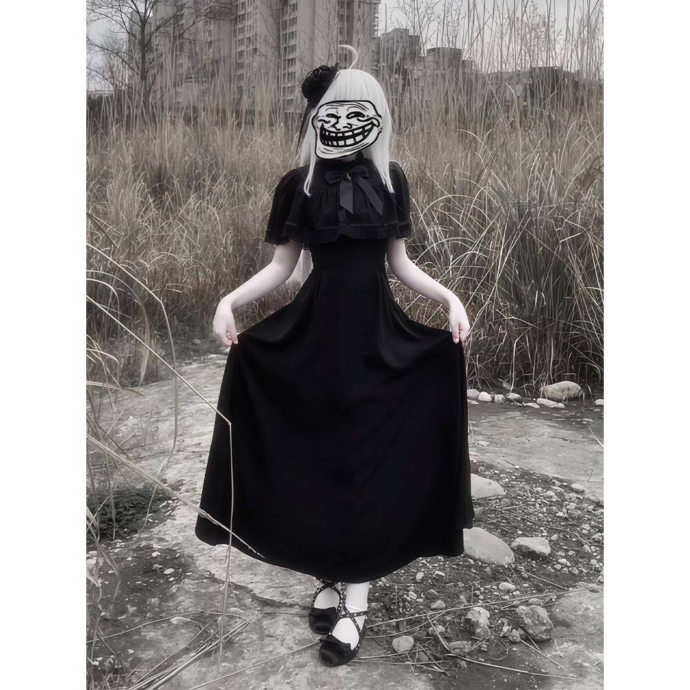 【黑纱亡灵】哥特风黑色复古日系新款夏季斗篷连衣裙