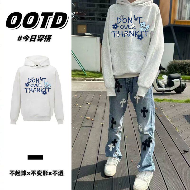 花灰色棉质加绒加厚连帽卫衣秋冬款美式潮流印花男女百搭休闲帽衫