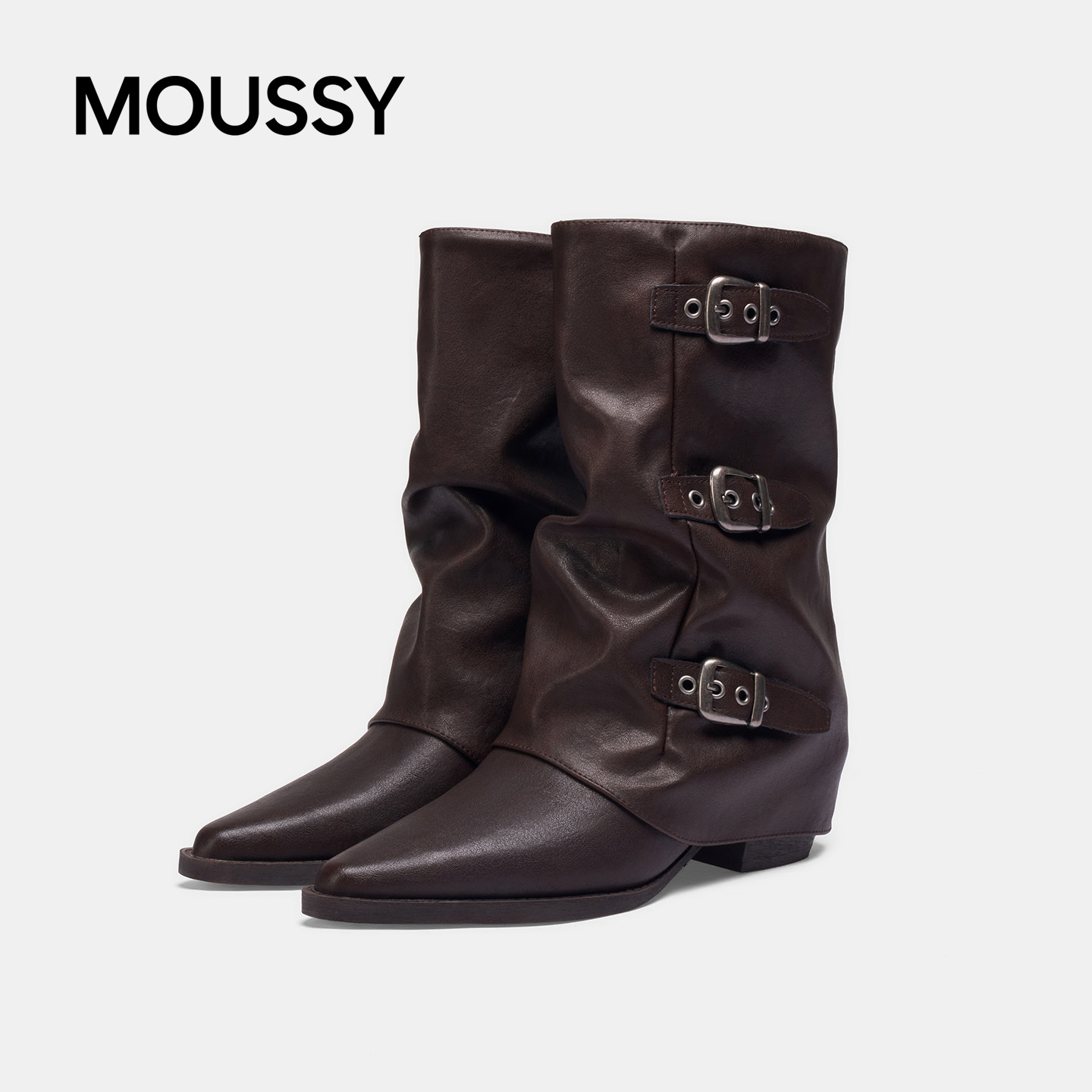 MOUSSY褶皱西部骑士靴