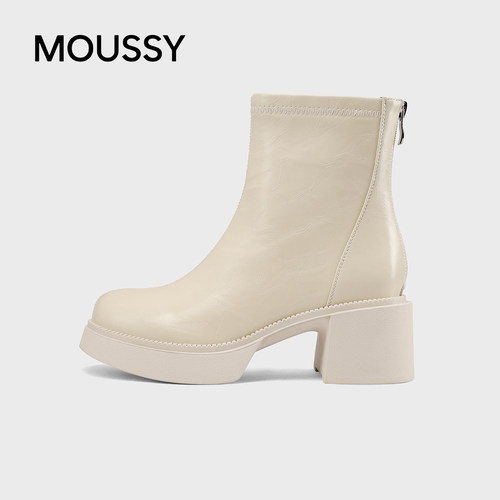 MOUSSY秋冬真皮后拉链粗跟女短靴