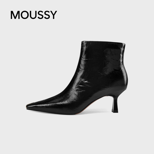MOUSSY黑色尖头细跟显瘦高跟靴