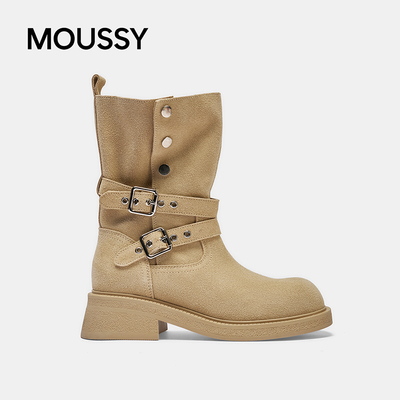 MOUSSY真皮复古西部堆堆靴厚底