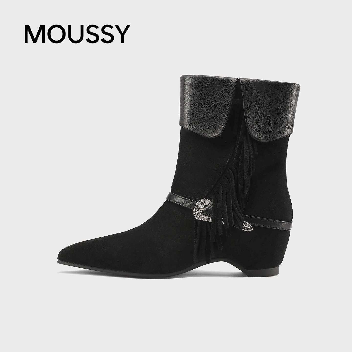 MOUSSY尖头低跟流苏绑带女靴