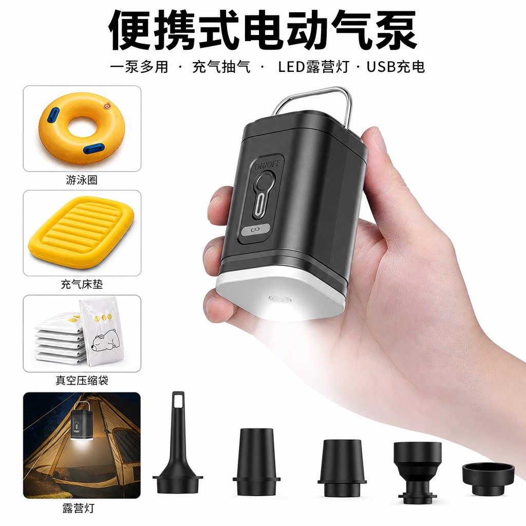 便携式户外电动充气泵 小型快速抽充两用游泳圈真空压缩袋1200mah