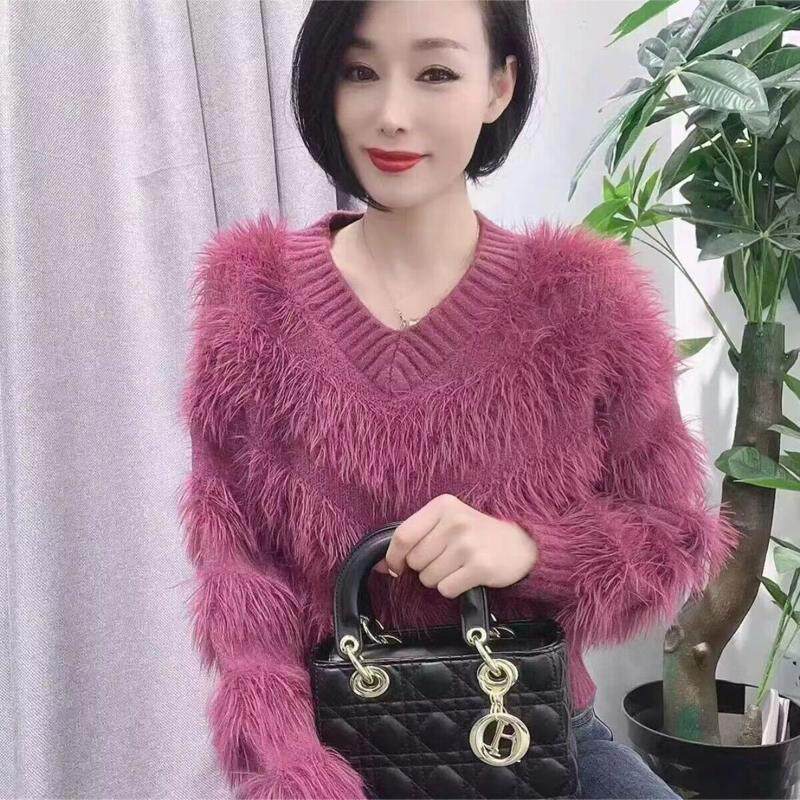 名媛风玫红色水貂绒毛衣女2026秋