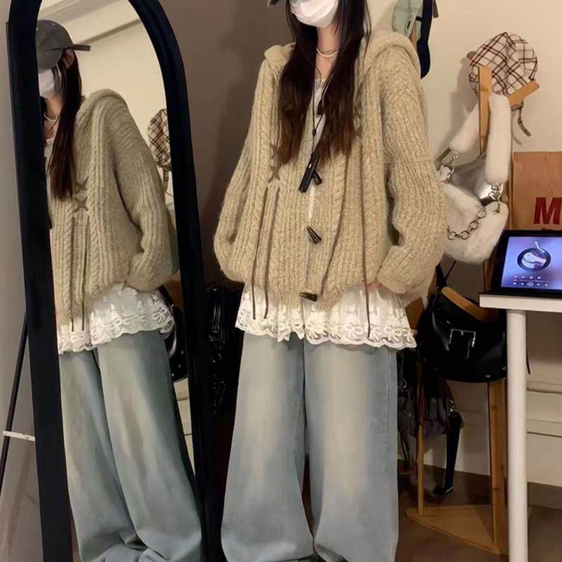 复古兔耳朵美式连帽针织开衫秋冬