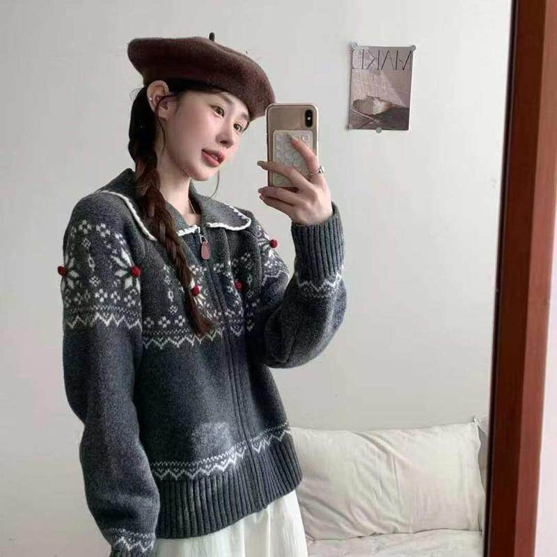 费尔岛毛衣翻领提花拉链复古毛衣