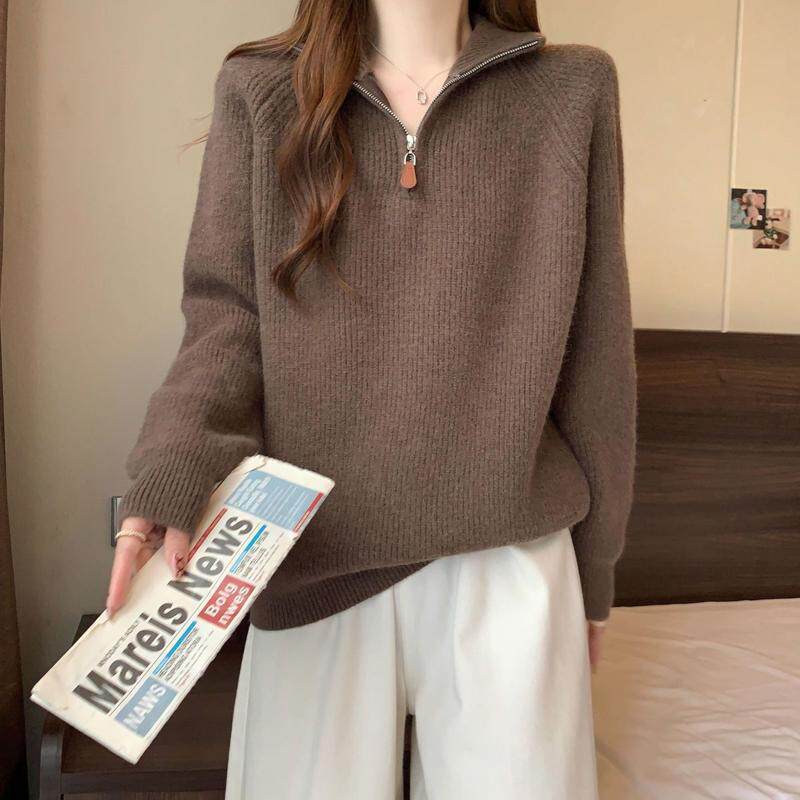 拉德针织衫拉链高领毛衣秋冬大码微胖mm显瘦遮肚藏新款打底上衣