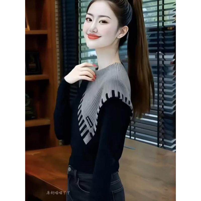 秋冬慵懒风假两件撞色拼接上衣女