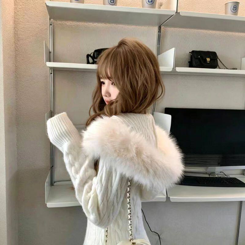 韩系甜美毛毛领麻花毛衣外套女20