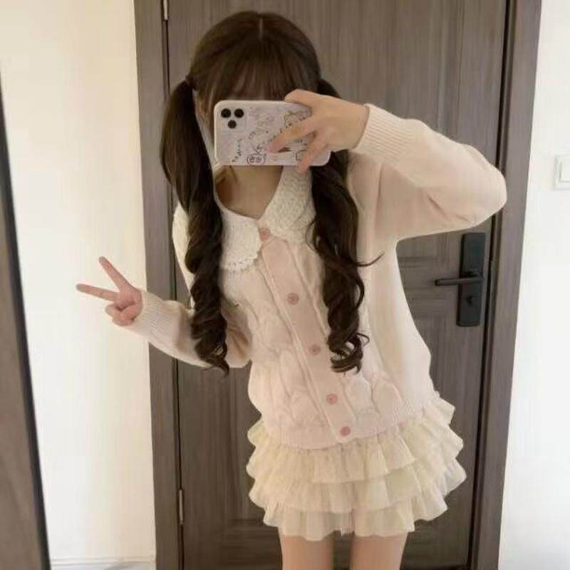 粉色娃娃领毛衣女秋冬新款花边针