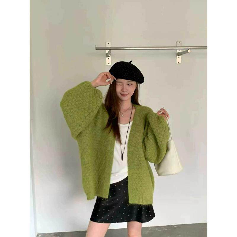 芥末绿针织开衫女秋冬2026新款软