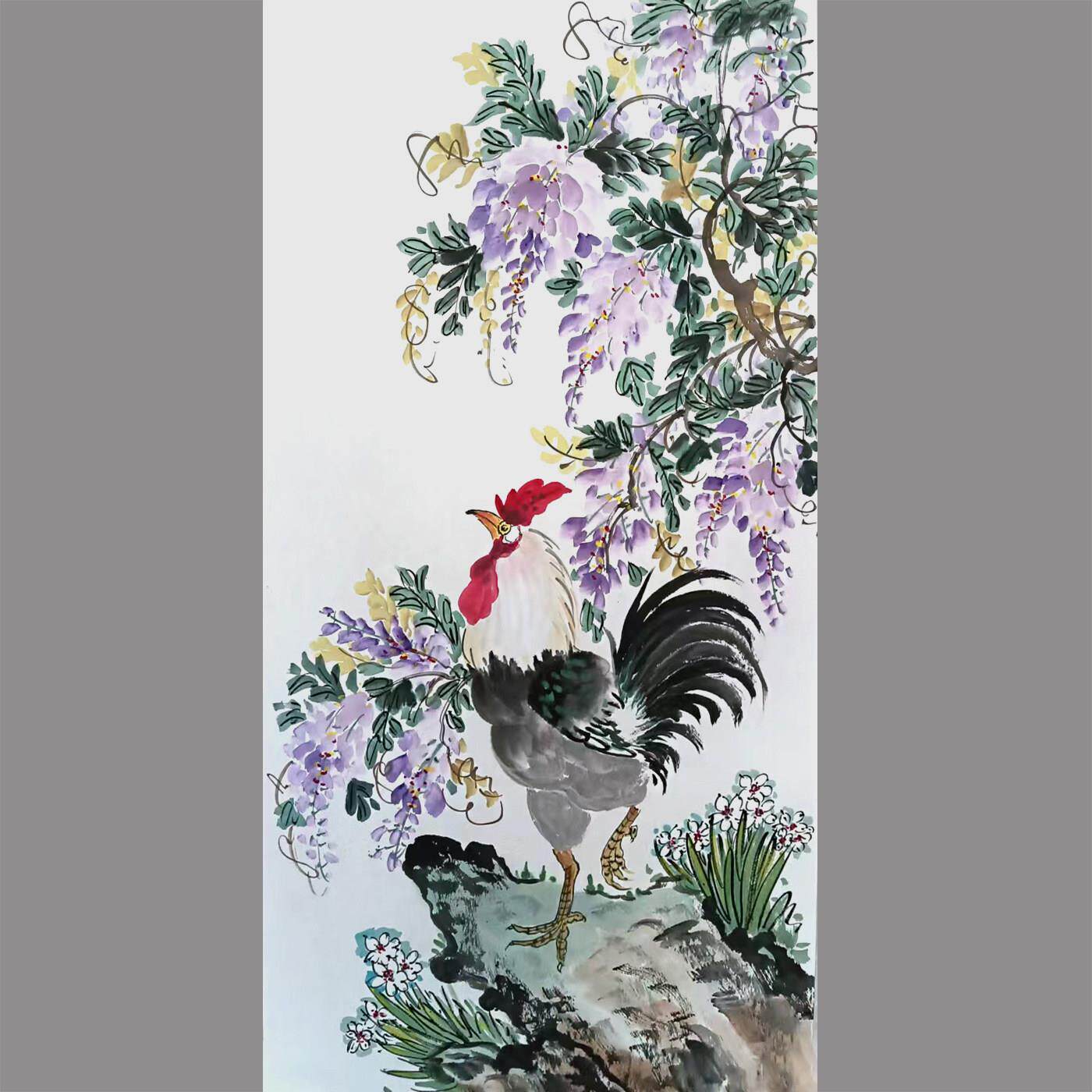 纯手绘国画紫藤公鸡水墨画客厅装饰画办公室挂画中式国画画芯卷轴