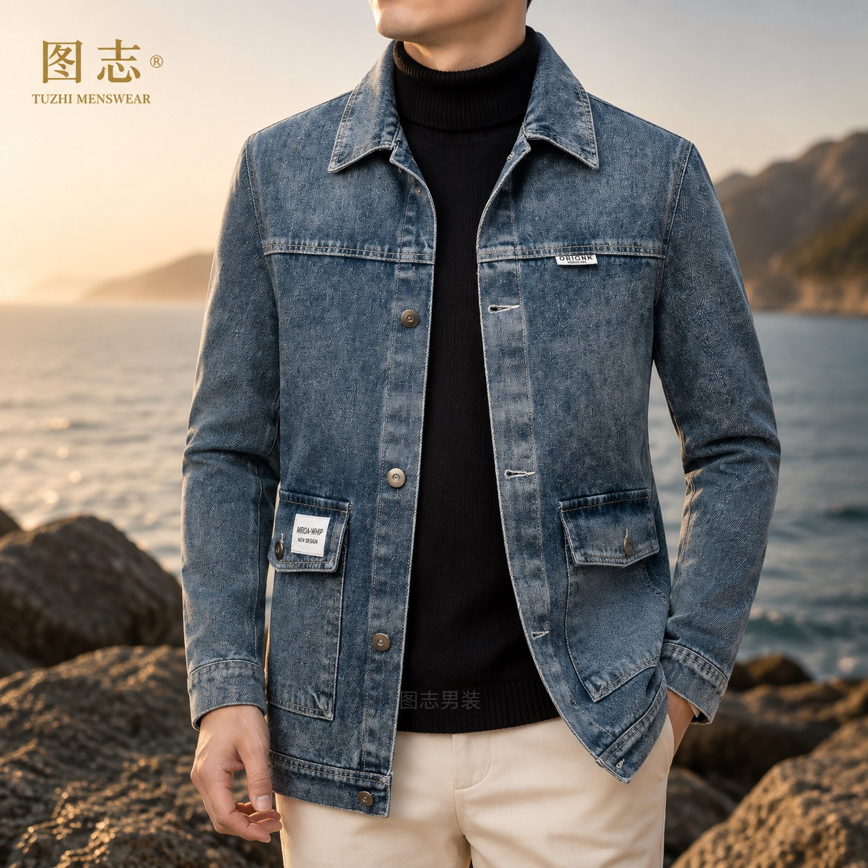 图志美式复古水洗牛仔宽松夹克男